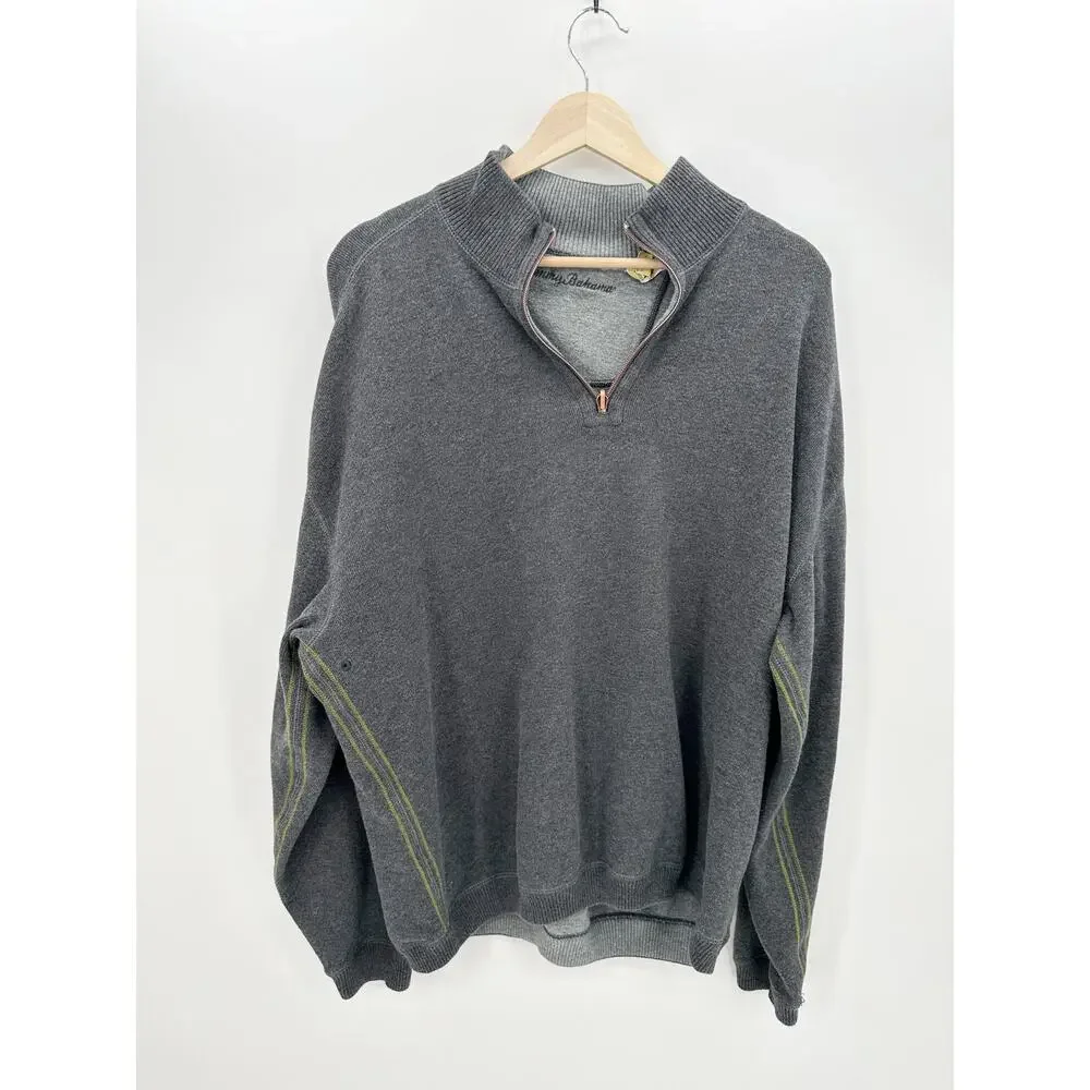 Tommy Bahama Gray Pullover Quarter Zip‎ Sweater Men Size XL Collar Cotton